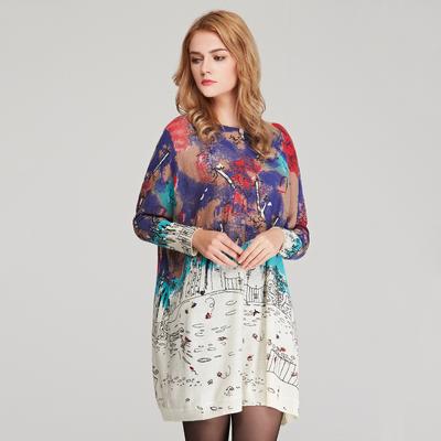 Frühling und Herbst Damen Strickkleid Übergröße Strickpullover Locker bedruckter Pullover Langarmpullover