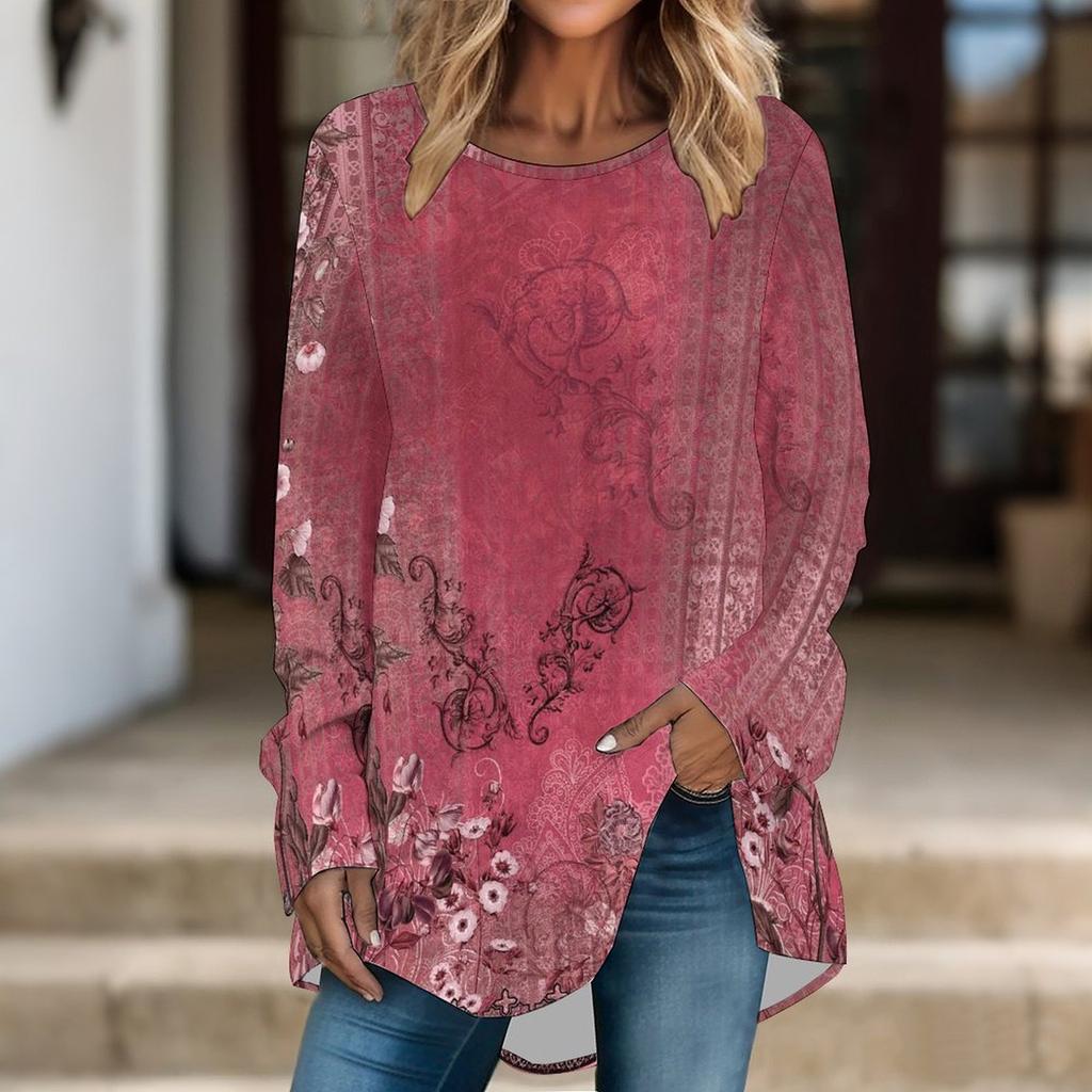 Damen Langarm Tunika Top Print Rundhals Locker Geschnitten Bluse Mit Taschen Lässig Tägliche Kleidung Damen Oberteile