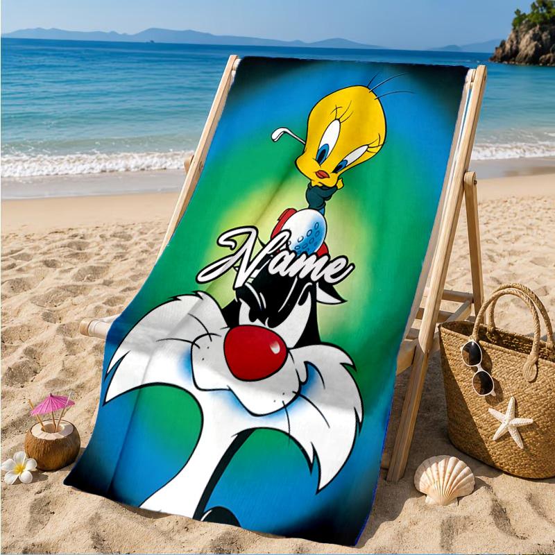 Custom Name Cute Tweety-Bird Artwork Heart In Space Adventure Microfiber Beach Towel, Lightweight for Summer Travel, Swimming Pool Fan Gift