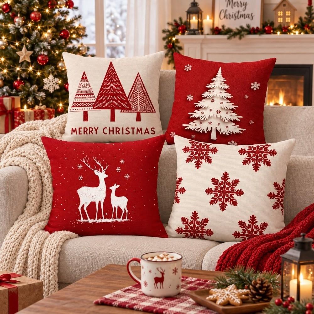 4PCS Tree Snowflake Christmas Pillow Covers Reindeer Xmas Pillowslip Bed Decoration