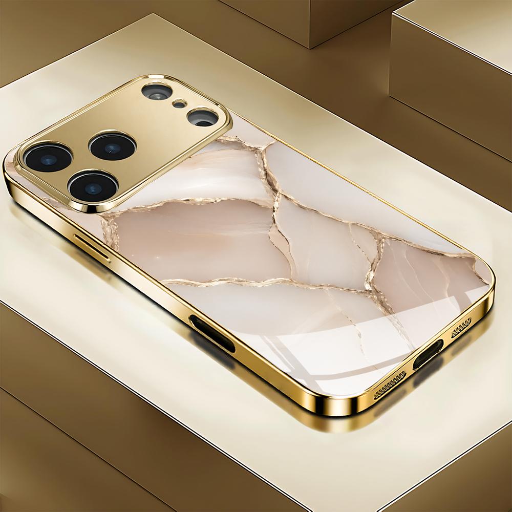 Texture Phone Case Gold Electroplated Tempered Glass For iPhone 16 15 14 13 12 Pro Max Shockproof Silicone Hard Back Cover