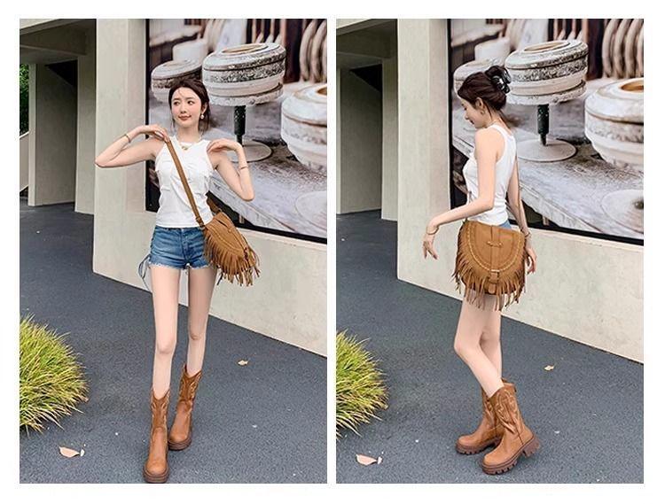 Retro Soft Leather Thick Sole Western Cowboy Mid-Calf Boots for Women, Autumn/Winter Martin Style