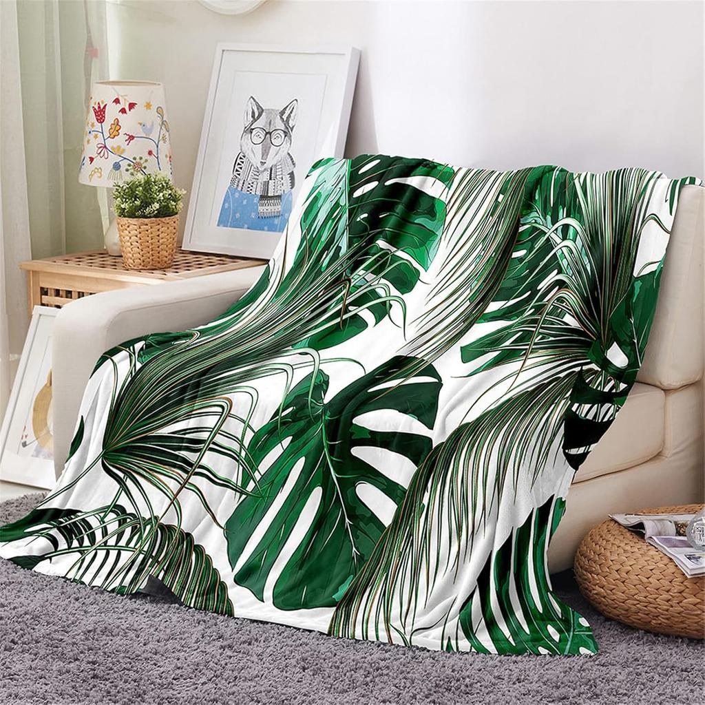 Green Leaves Plant Flannel Throw Blanket All Season Warm King Queen Size Super Soft Lightweight Blanket for Bed Living Room Sofa