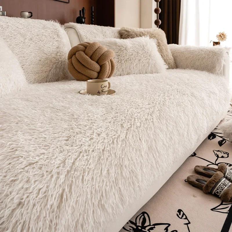 Solid Color Artificial Plush Sofa Cover Universal Soft Sofa Towel Non-slip L Shape Sofa Blanket Couch Cushion Mat Living Room