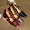 New Women's Small Leather Shoes Buckle High Heel Beef Tendon Sole Casual Solid Color Comfortable Women's Single Shoes Thick Heel Leather Large Siz