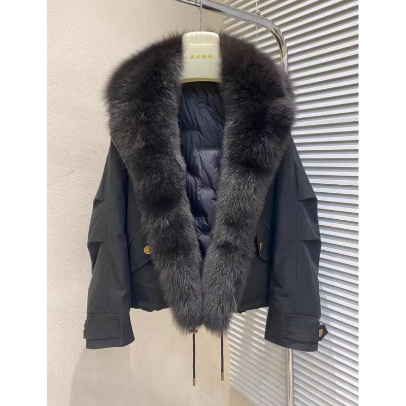 Damen Pelzmantel im Blazer-Stil mit Pelzkragen: Winter Weißer Entenflaum Parka im Biker-Stil