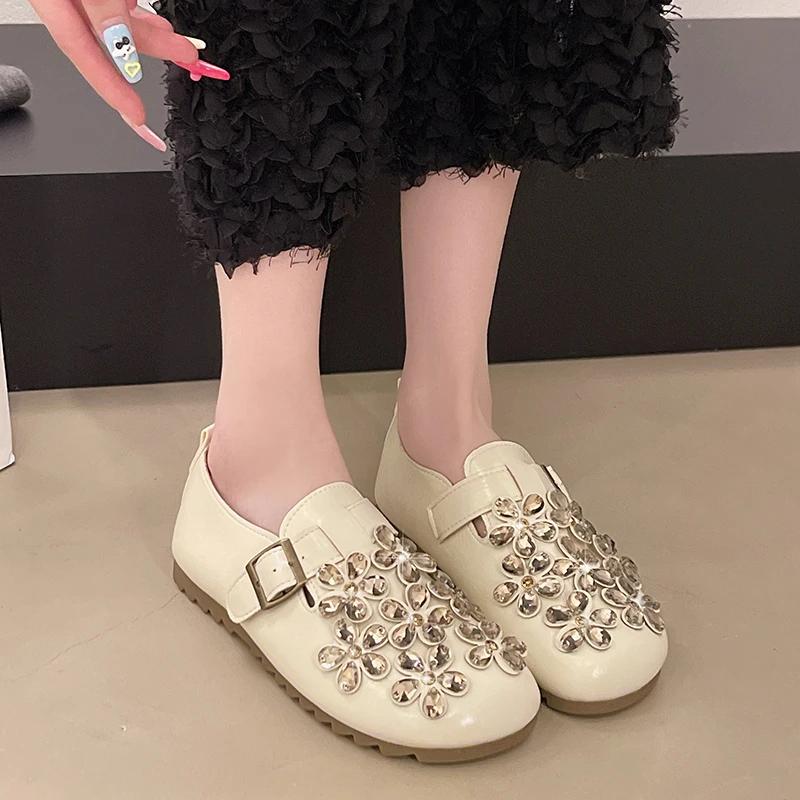 Fashion Women's Shoes 2025 New Round Toe Women's Flats Fashion Crystal Solid Casual Flat Shoes Ladies Hot Sale Belt Buckle Loafers Women