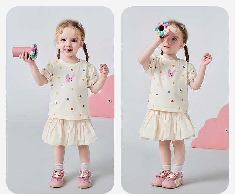 [Bamboo Cotton] Mini Balabala Girls' Short Sleeved T-shirt Moisture Absorbing Quick Drying Bubble Sleeve Top Necklace Pattern 26 Summer