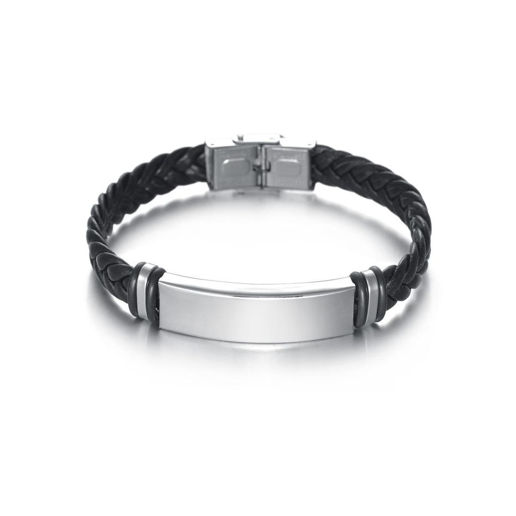 Titanium Steel Engraved Bangle with European-American Leather and Stainless Steel Woven Design