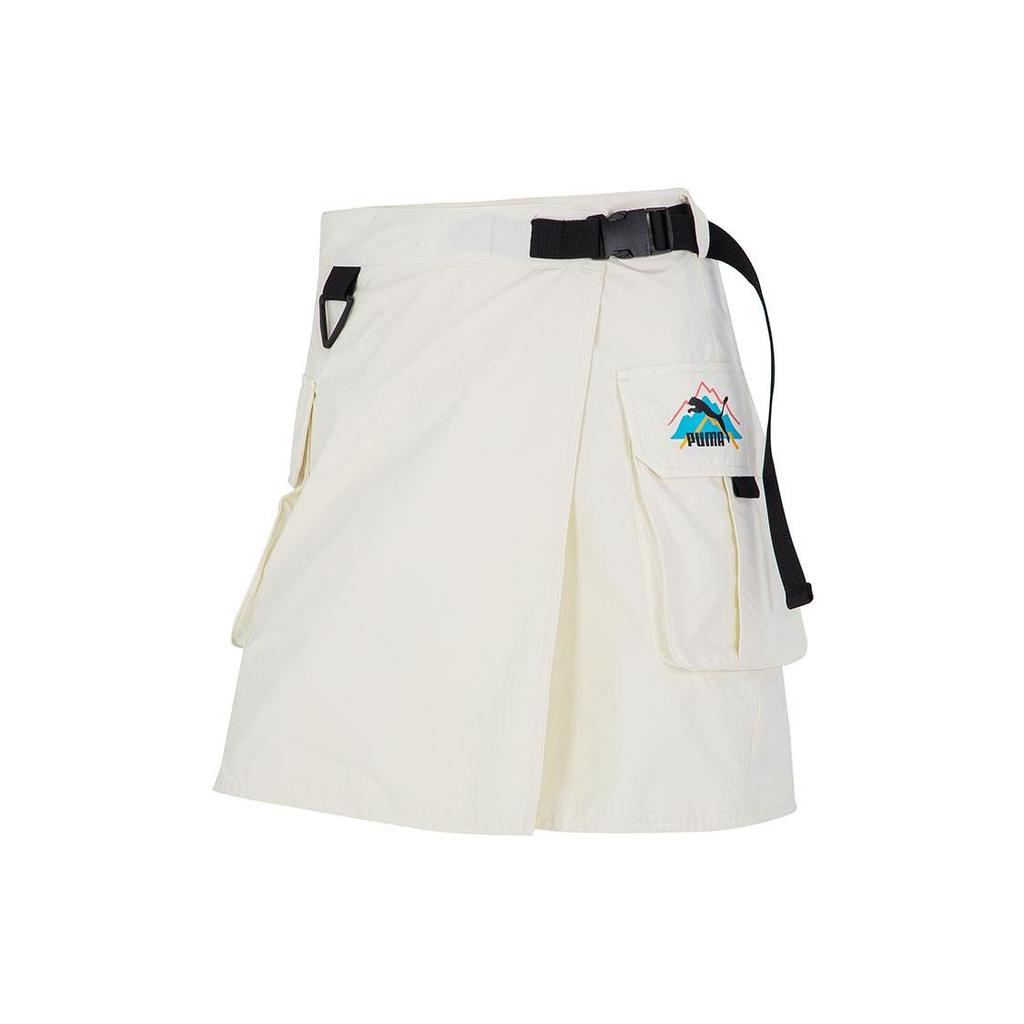 Puma Solid Color Letter Logo Print Big Pocket A-Line Comfortable Sports Casual Skirt Women Skirts Beige 537428-65