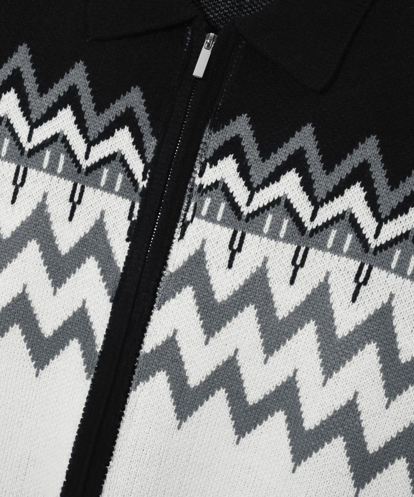 TRILLION Washable Nordic Jacquard Collar Neck 2-Way Zip-Up Knit [Black]
