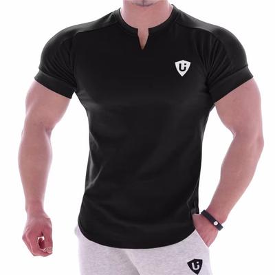LVFU Men's Gym T-Shirt, Stretch Training Wear, V-Neck, Short Sleeve, Arc Hem, Fitness Shirt, Black, Size L, BF-124
