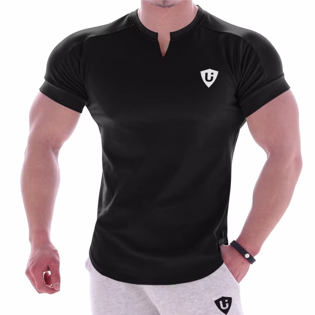 

LVFU Men s Gym T-Shirt, Stretch Training Wear, V-Neck, Short Sleeve, Arc Hem, Fitness Shirt, Black, Size L, BF-124