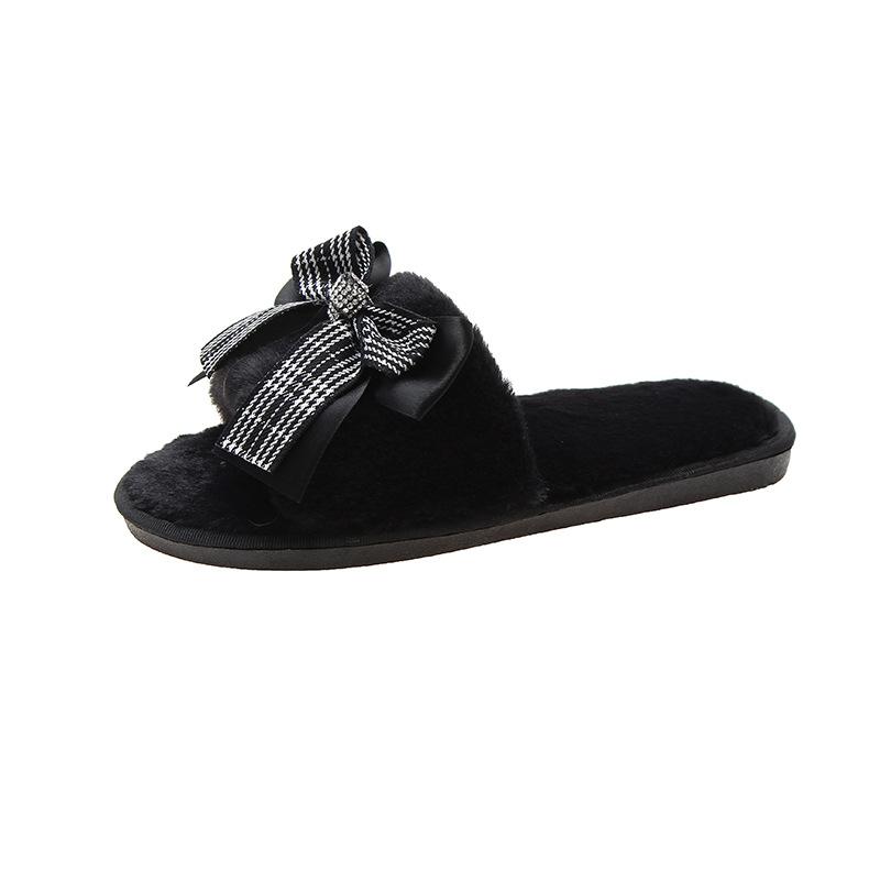 Mao Mao Cotton Slippers 2020 New Autumn and Winter One-word Bow Slippers Indoor and Outdoor Warm Fashion Flat Slippers