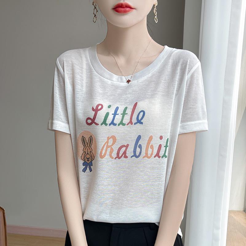 

Women s Summer 2025 Tencel Printed Round Neck Loose Short-Sleeve Top XL білий