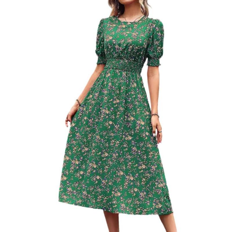 Women's Summer Crew-neck Broken Flower Bouquet Waist Swing Print Short-sleeved Dress
