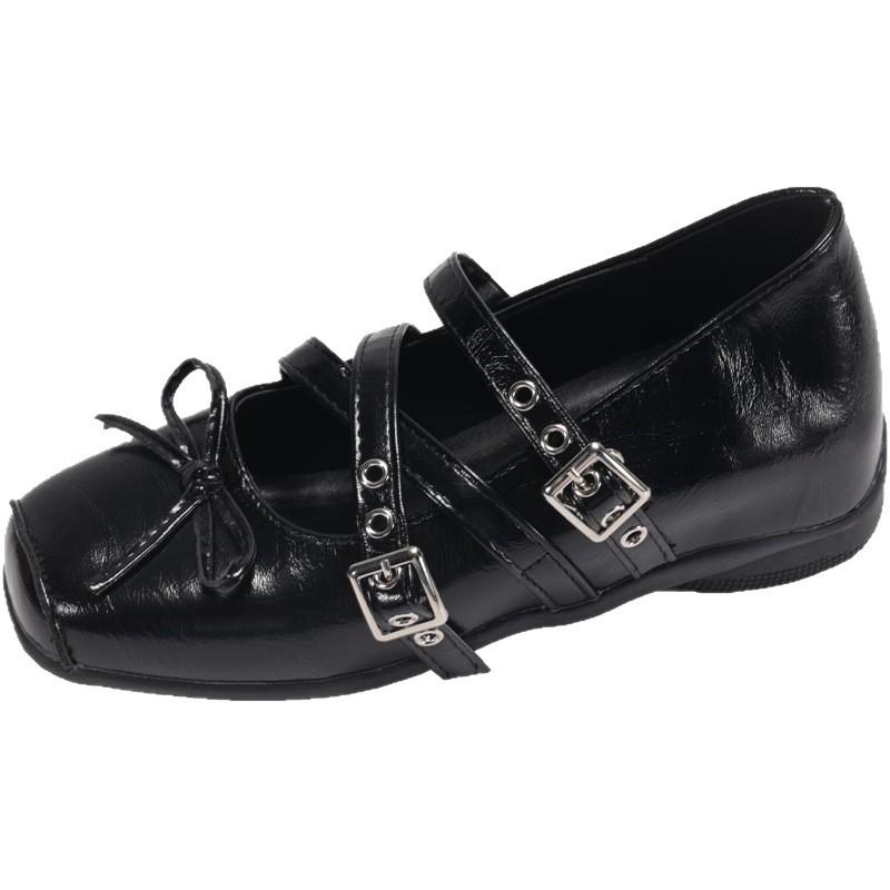 Bow inner height increase square head Mary Jane women's shoes 2025 new retro shallow mouth rivet ballet flats