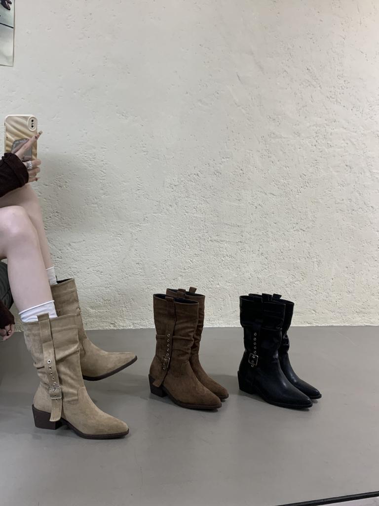 European and American retro Maillard thick-heeled short boots pleated piled boots women's 2025 autumn and winter new western mid-tube knight boots