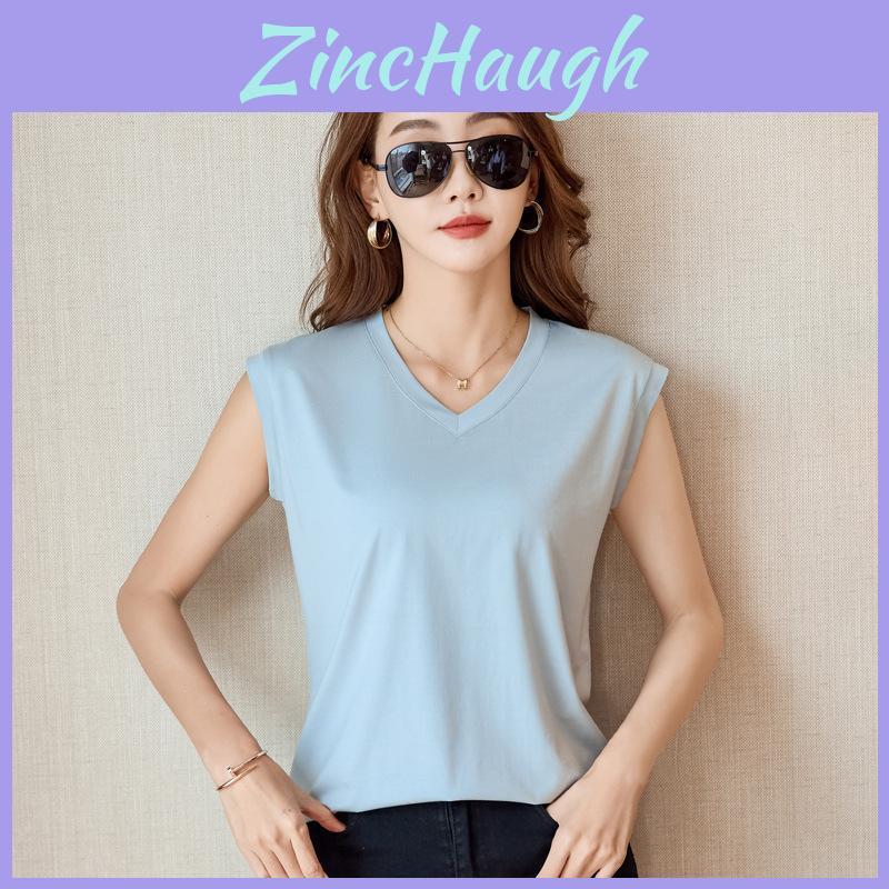 Silk Cotton Sleeveless Vneck T Shirt For Women With Breathable Fabric Summer Casual Wear