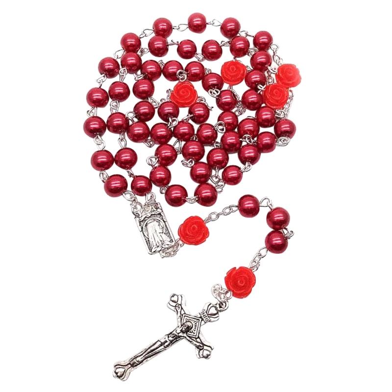 Elegant Cross Bead Necklace Rose Flower Glass Rosary Necklace Religious Jewelry Christian Prayer Beads Clavicle Chain