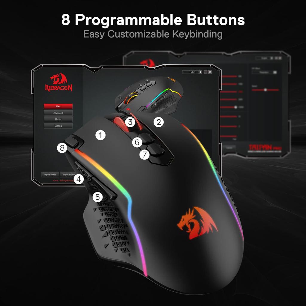 Redragon M810 Pro Gaming Wireless 10000 8 Programmable Turbo Up To 45 Hours Continuous RGB Compatible with Black Mouse, 2.4GHz, Wired/Wired