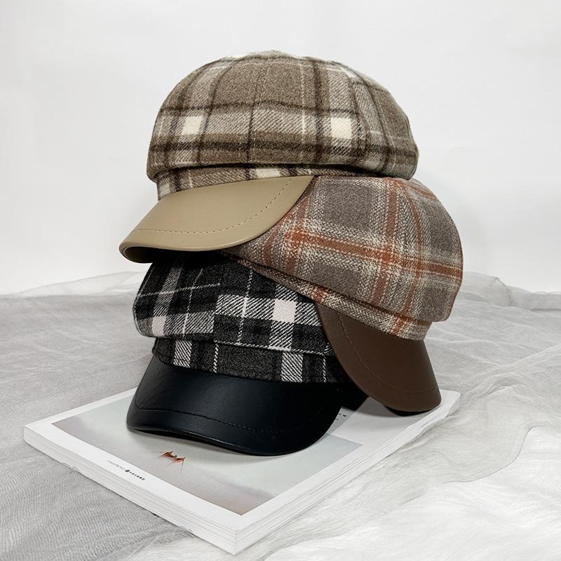 Beret Women's Autumn and Winter New Octagonal Hat Retro Plaid Painter Hat Showing Face Small Newsboy Hat