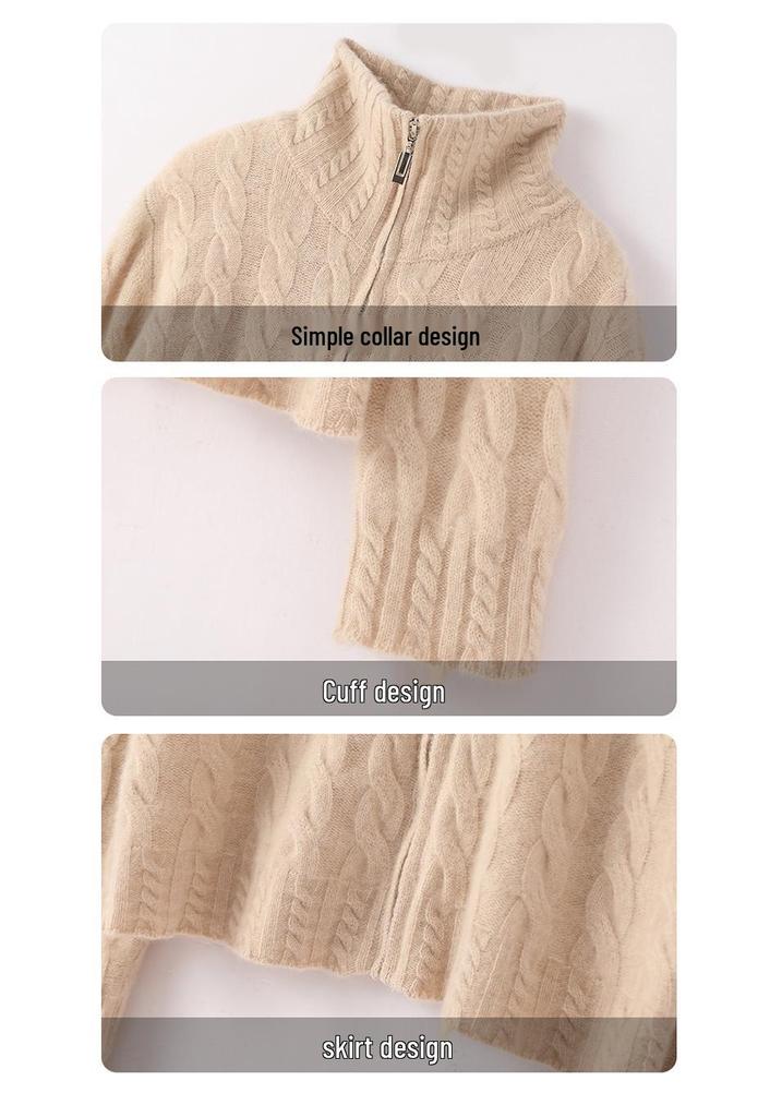 Women's Autumn Thick Wool Cable Knit Cardigan - Lazy Style, Loose Fit, Long Sleeve, Stand Collar Sweater Coat