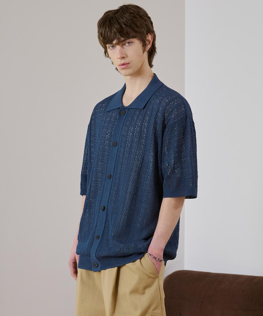 Draw Fit Linen Punched Half Collar Cardigan [Blue]