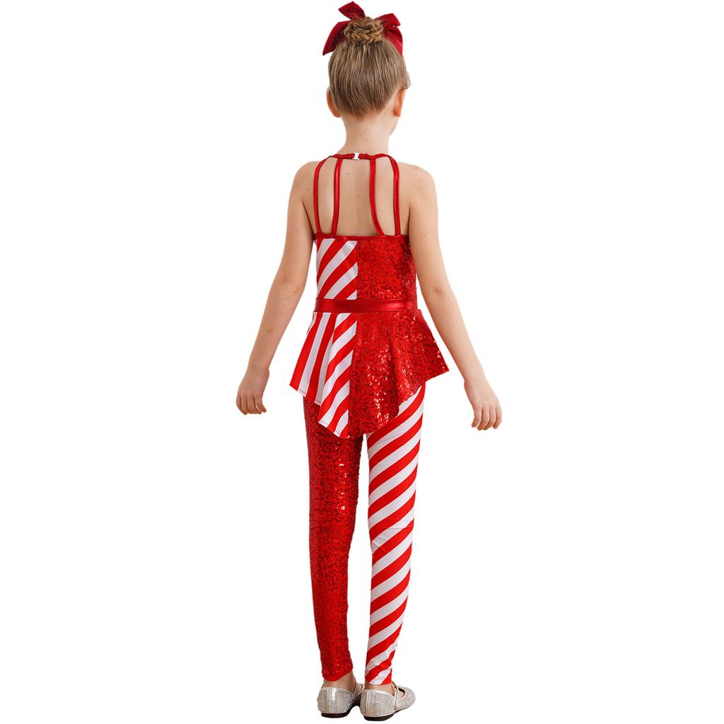Girls Peplum Jumpsuit Christmas Costume Sleeveless Open Back High Waist with Sequins