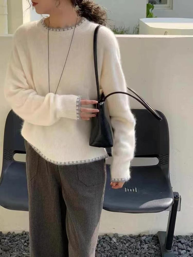 Autumn And Winter New Gray Soft Waxy Sweater Lazy Wind Loose Knitting Base 100% Wool Sweater Women'S Crew Neck