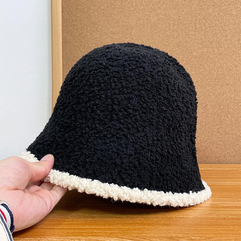 Plush bucket hat women's color matching fashion versatile knitted bucket hat big head shows small face windproof warm basin hat