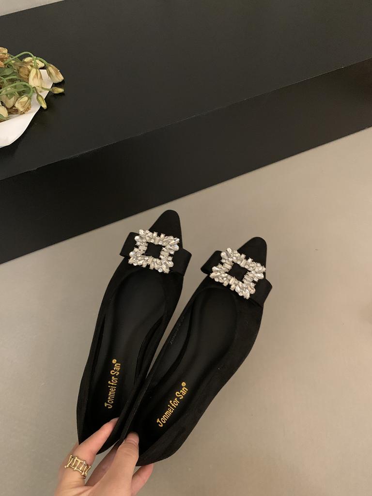 French temperament rhinestone square buckle pointed flat-soled single shoes women's 2025 summer new versatile one-pedal soft-soled ladyshoes