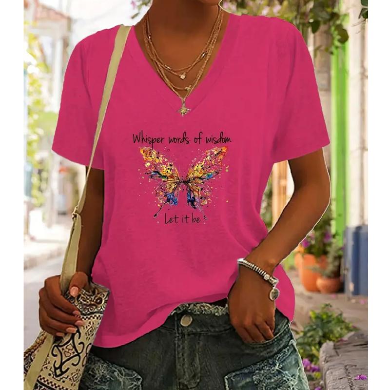 Fashion Colorful Butterfly Painting Blouses Short Sleeved V-Neck T Shirts Casual