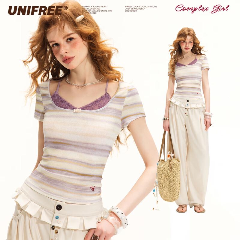 UNIFREE Lace Patchwork Faux Two-Piece Short Sleeve T-Shirt S