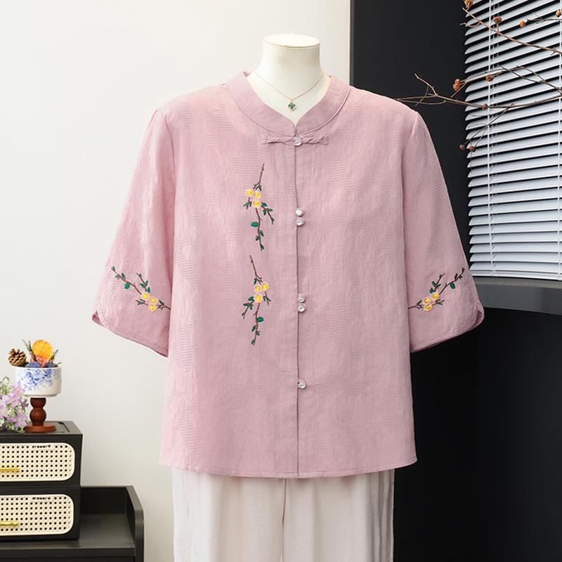 Yuzhaolin New Chinese Style Embroidered Summer Shirt for Middle-Aged Women