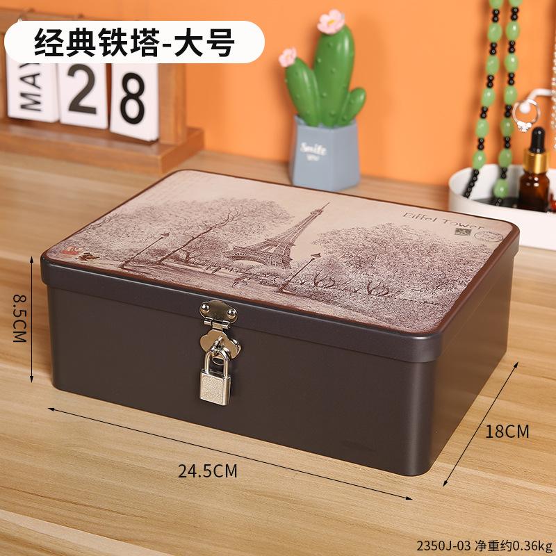 Iron Box with Lock and Key Desktop Storage Box Retro Tinplate Cosmetics ID Storage Household Jewelry Storage Empty Box