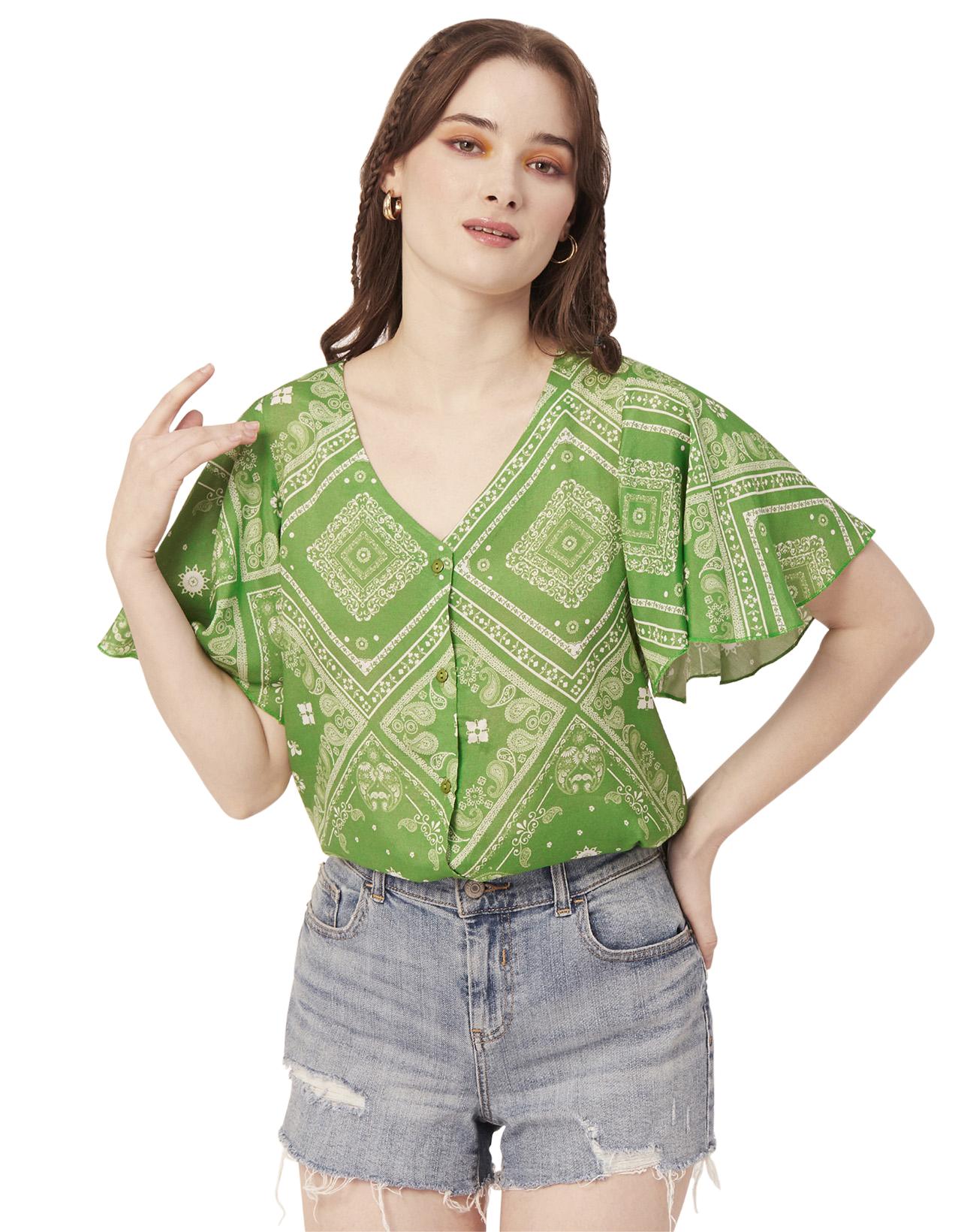 

Жіночий топ з принтом і метеликами Moomaya, літній повсякденний топ на ґудзиках XS зелений