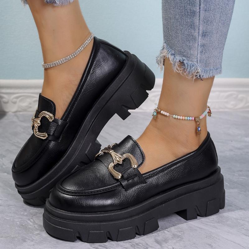 Casual Flats Metal Chain Thick Bottom Loafers Mujer Spring Platform Pu Leather Round Shoes Women Vintage Plus Size Pumps Woman