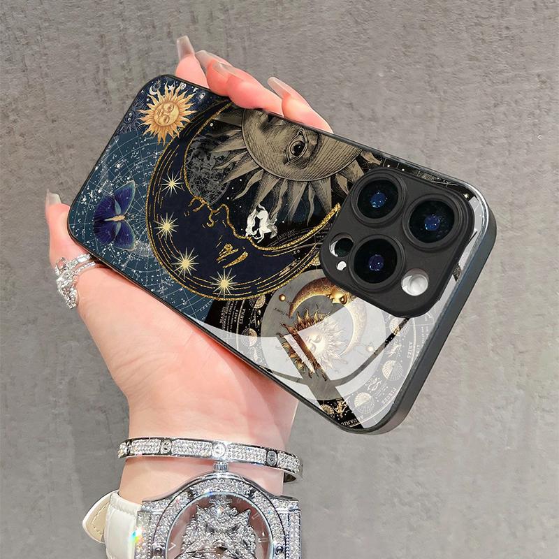 Creative Sun Person Pattern Tempered Glass Phone Case For iPhone 16 Pro Max 17 15 14 13 12 11 Pro 16E 7 8 Plus XR XS X Cover