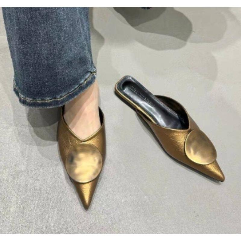 New Women Slippers Designer Flat Sandals Summer Slides Non-slip Metallic Color Footwear Brand Pointed Toe Mules Ladies