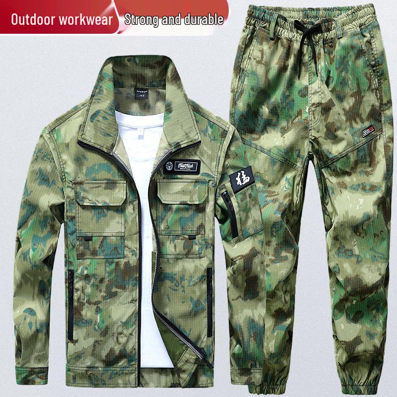 Men's Durable Camouflage Workwear Set: Wear-Resistant, Tear-Resistant, Dirt-Resistant Overalls for Outdoor, Auto Repair, and Labor Protection.