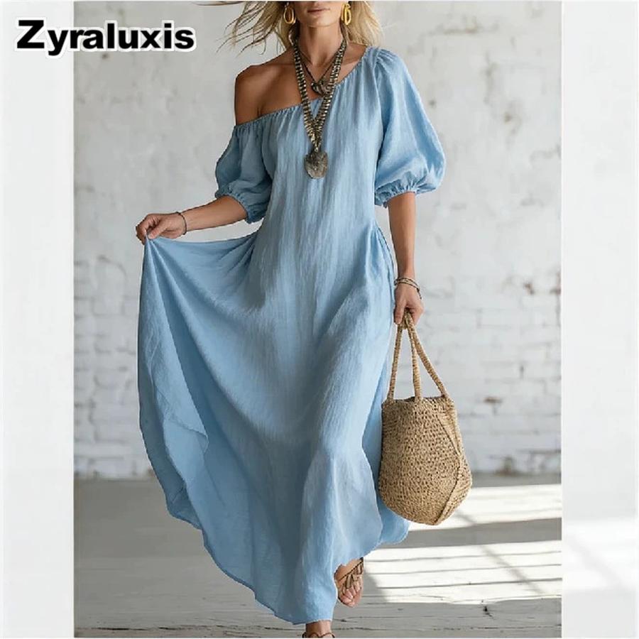 Abito Maxi alla Moda Stile Vacanza Monospalla in Lino con Maniche a Bolla Vestibilità Larga Snellente per Donna