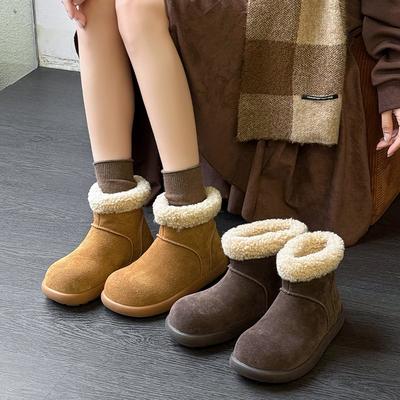 Cowhide Version~ Retro Round Head Ugly Cute Short Boots Women's Velvet Low-top Snow Boots Warm Large Cotton Shoes Thick-soled Fluffy Boots