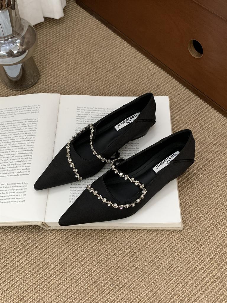 2025 Spring and Summer New Light Luxury Curved Rhinestone Temperament Versatile Pointed Thick Heel Low Heel Soft Sole Single Shoes Women