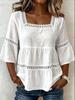 Women Square Neck Lace Trim Bell Sleeve Top Casual Tiered Smocked Solid Color Blouse