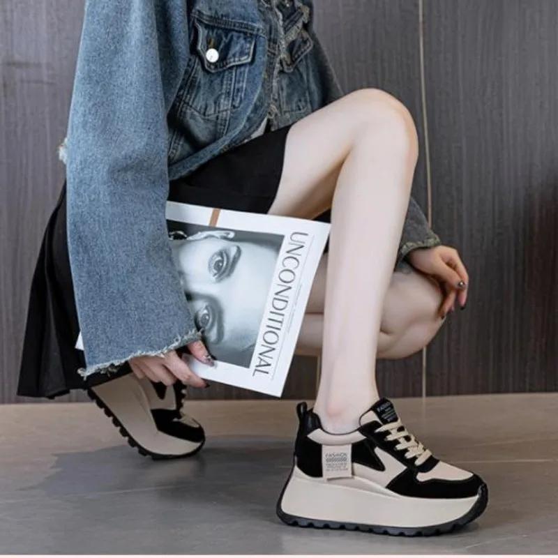 Fashion 8CM Chunky Women Sneakers Spring Autmn Retro Genuine Leather Lace-Up Ladies Sport Shoes Woman Casual Walking Platform Sneaker