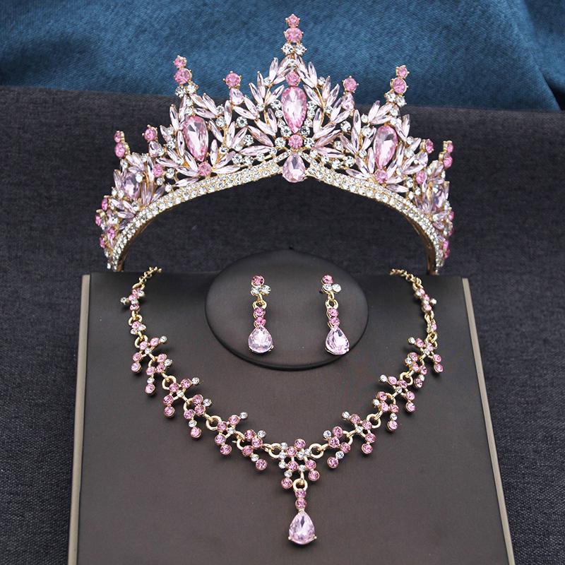 Red Tiaras and Crowns Bridal Jewelry Sets Tiara and Necklace Earrings Set for Party Bridal Wedding Dress Jewelry Sets