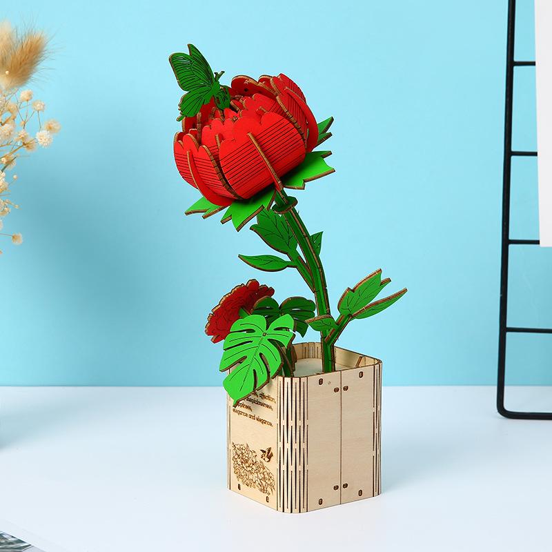 New 3D Three-dimensional Puzzle Wooden Peony Flower Puzzle Children's Educational Toys Sunflower Peony Lotus Puzzle Toy