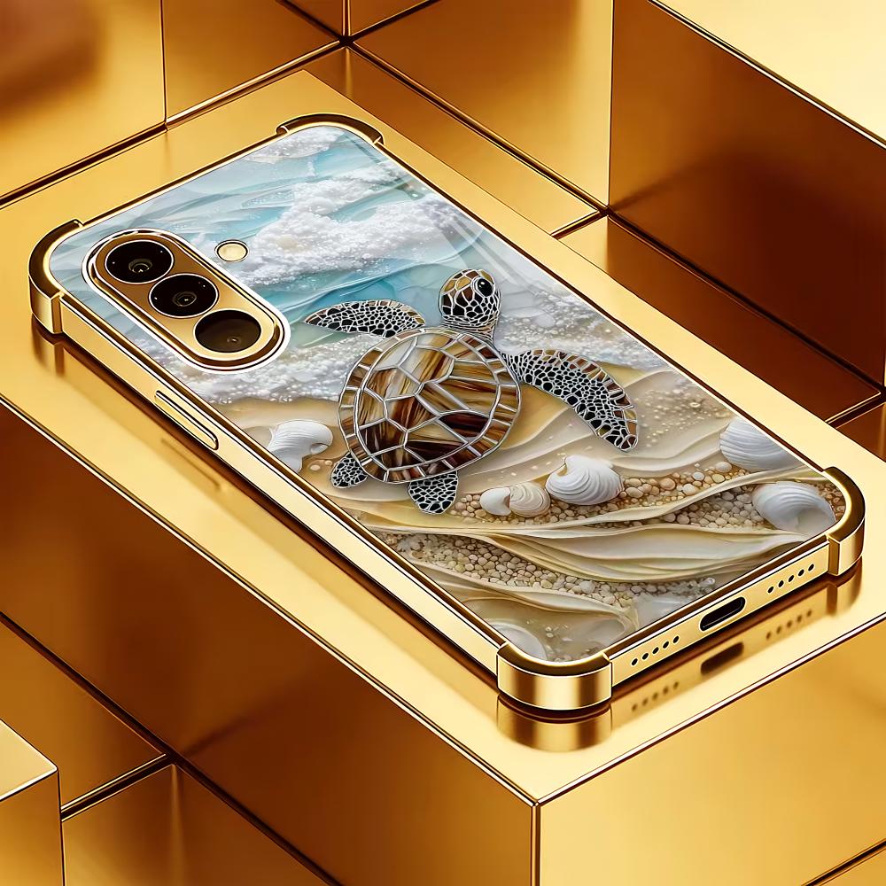 Cute Turtle Pattern Electroplated Glass Phone Case Suitable for Samsung Galaxy S26 S25 S24 S22 S21 S20 FE/Ultra/Plus Anti Drop