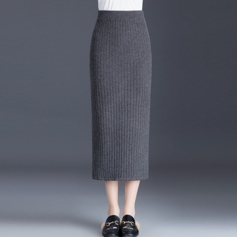 High-End Women's Autumn Winter Thickened Knitted Midi Skirt Slit Bodycon Pencil Skirt Slim-Fitting Wool Skirt